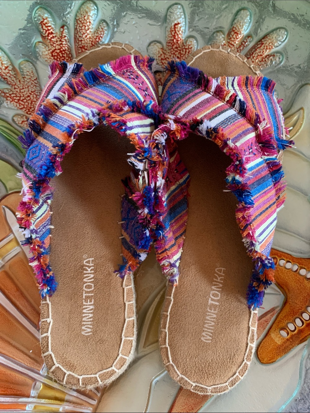 Minnetonka Multicolor Striped Frayed Slide Sandals Size 8 - Picture 3 of 6
